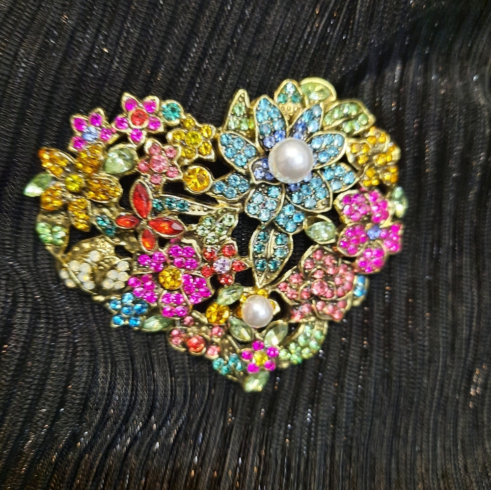 Multicolor Floral Crystal Heart Brooch with Pearls - Women Jewelry